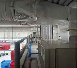 Overhead ductwork inside the Golden Donuts Orambo commissary